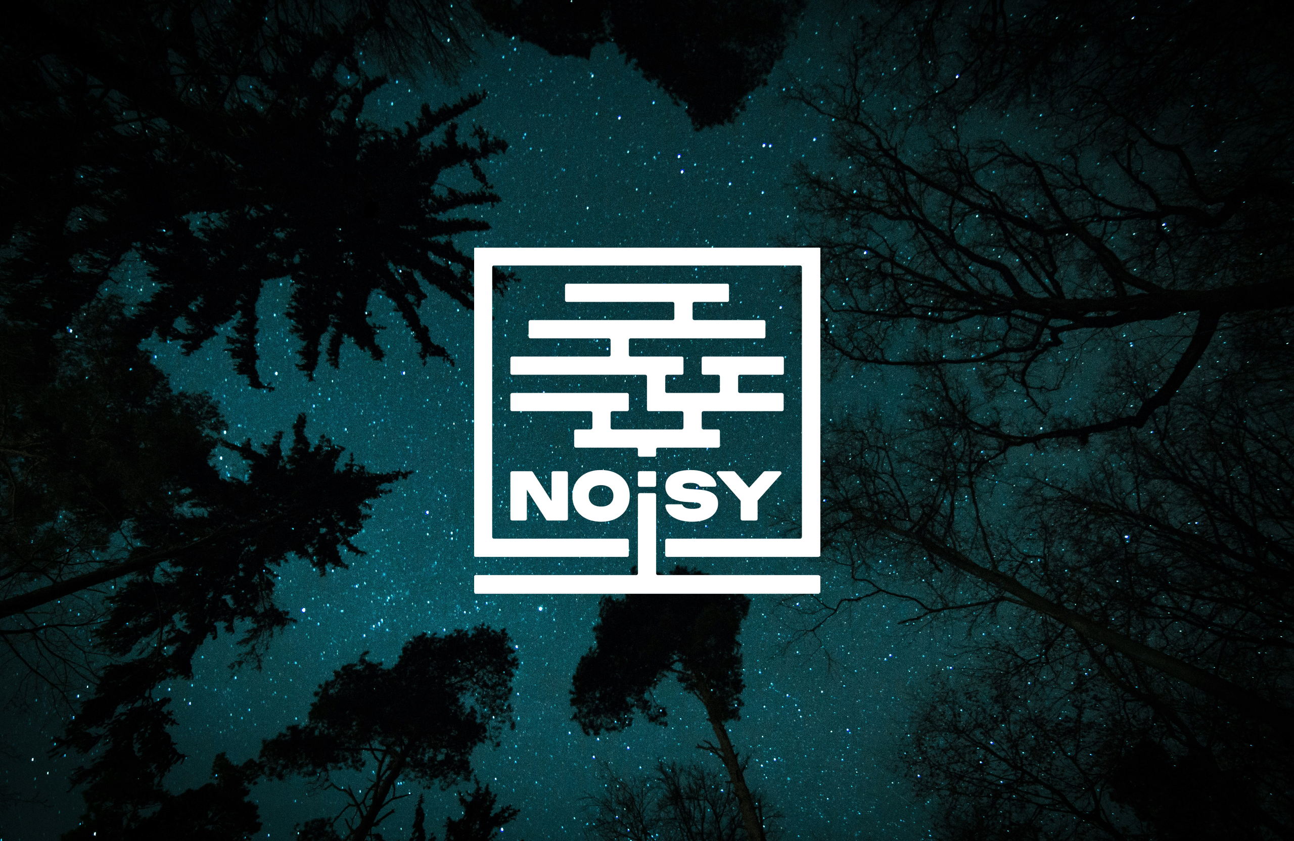 The NOiSY logo in a starry night sky between treetops – a turquoise beach shines through the letters.